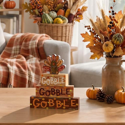 Smile Thanksgiving Wooden Block Signs, Gobble Turkey Decorations - style: Turkey