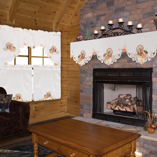 Simhomsen Fall Autumn Embroidered Turkey Kitchen Window Curtain Swag and Tiers Set for Thanksgiving Holiday (Turkeys) - color: Turkeys