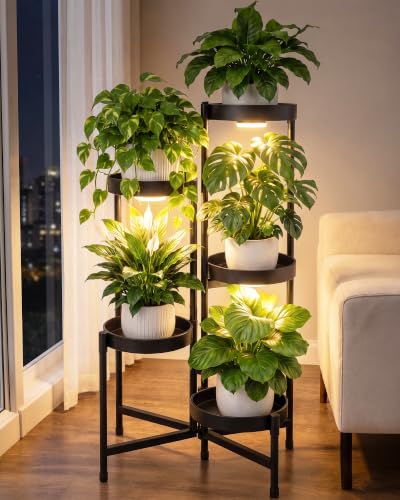 Bamworld Plant Stand with Grow Lights Indoor Outdoor 5 Tier Plant Shelf - color: Black with Magnetic Lights, size: 5 Tiers
