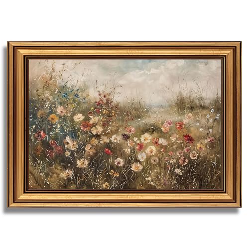 vineolect Vintage Gold Framed Wall Art Wildflower Landscape Painting Floral Cottagecore Nature Country Picture Wall Decor Aesthetic Artwork for Living Room Bedroom Kitchen Bathroom 12''x16'' - color: Colorful Wildflower Field, size: 16"L x 12"W