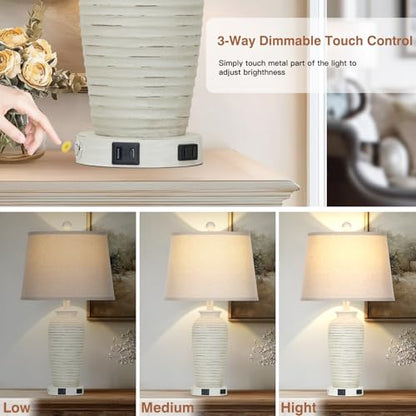 CINSARY 25" Retro White Farmhouse Jar Table Lamps for Living Room, 3 Way Touch Control Rustic Bedside Lamps with USB A+C Ports & AC Outlet, Pot Nightstand Lamps for Bedroom (LED Bulbs Included) - color: Retro-White-1Pack