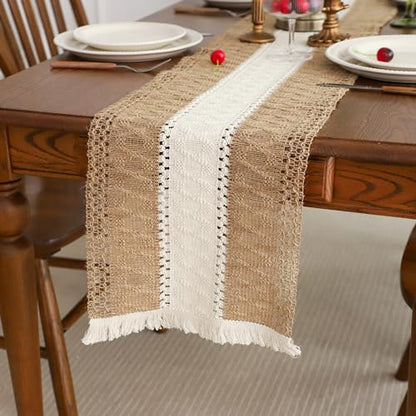 Simple&Opulence Boho Macrame Table Runner - 12 x 90 Inch, Splicing Burlap Farmhouse Cotton Table Runner with Fringed Edges for Bohemian Rustic Wedding, Bridal Shower, Dinner （Brown & White） - size: 12"x90", style: White