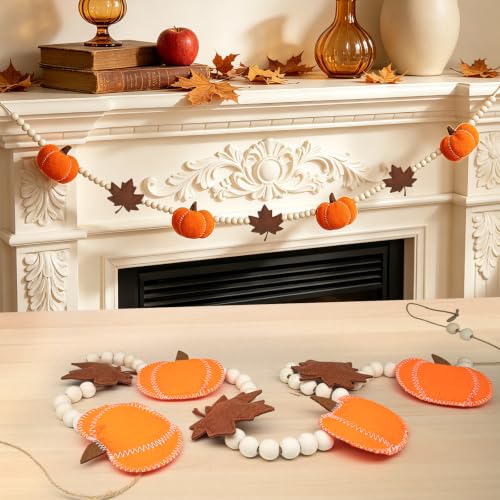 6.8 FT Fall Pumpkin Garland with Maple Leaves and Wood Beads, Autumn Decor - color: Pumpkin