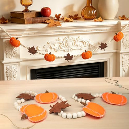 6.8 FT Fall Pumpkin Garland with Maple Leaves and Wood Beads, Autumn Decor - color: Pumpkin