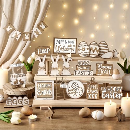 24 Pcs Easter Tiered Tray Decoration Set Easter Table Sign Farmhouse Bunny Eggs Rabbit Carrot Tabletop Centerpieces Spring Wood Blocks Signs for Spring Home Kitchen Office Holiday Party Supplies - style: Easter