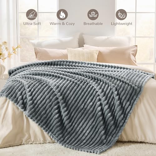 330GSM Ribbed Fleece Twin Blanket for Bed, Gray, 60"x80" - color: Grey, size: Twin(60"x80")