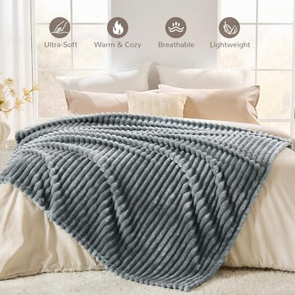 330GSM Ribbed Fleece Twin Blanket for Bed, Gray, 60"x80" - color: Grey, size: Twin(60"x80")