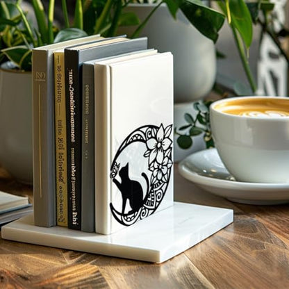 Peacoblue 5.3"x4.3"x5.3" Metal Bookends, Heavy Duty Book Ends for Shelves - style: Moon with Cat and Flower