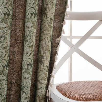 ENJOYBRIDAL Green Leaf 63 Inch Curtains 2 Panel Set Farmhouse Short Drapes Semi Sheer Rod Pocket Bedroom Rustic Window Curtain Panels Living Room Boho Aesthetic Country Tassel Window Treatments - color: B Jacquard Green Leaves, size: 52"W x 63"L (Pack of