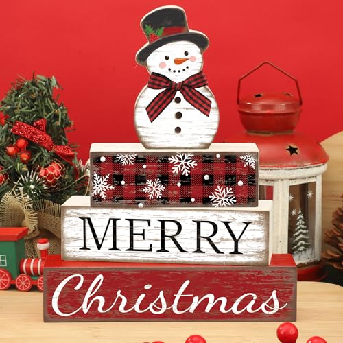 4 Pcs Christmas Table Decoration Snowman Wooden Block Merry Christmas Wood Centerpiece Xmas Red Buffalo Plaid Tabletop Sign Xmas Rustic Farmhouse Tiered Tray Decor for Winter Party Home Shelf Decor