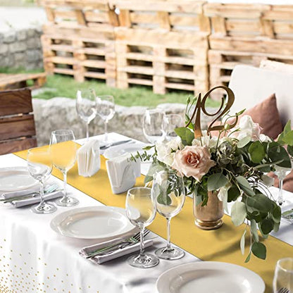 12Pack Disposable Plastic Tablecloths and Satin Table Runner Set White and Gold Dot Tablecloth Gold Satin Table Runner for Wedding Birthday Baby Shower Anniversary Christmas New Year Party Supplies - color: White and Gold, size: 12 Pack