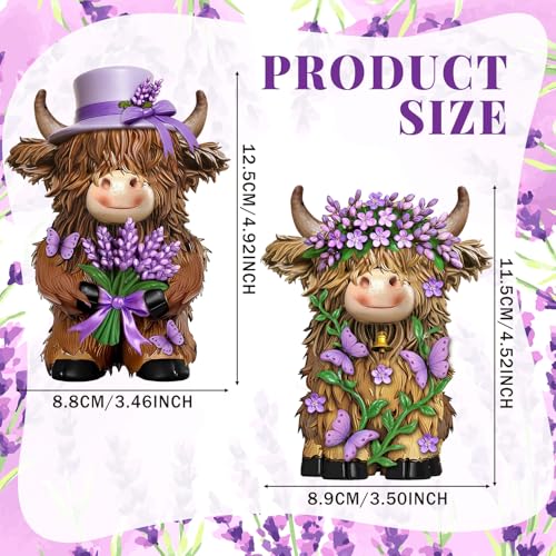 2 Pcs Resin Highland Cow Figurine Decor, Purple Lavender Theme - style: Lavender