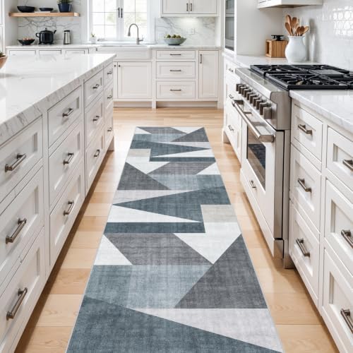 3x12 Washable Geometric Runner Rug - Non-Slip Modern Hallway Rugs Blue Grey - color: Blue/Grey, size: 3' x 12' (Rectangular)
