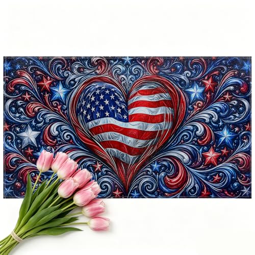 Patriotic Heart Door Mat Indoor 17x29.5 Inch, American Flag Star Swirl Doormat for Kitchen Bathroom, Bold Decorative Floor Pad Gifts, Nonwoven Entry Rug, Non Slip Dot Plastic Backing - color: Heart