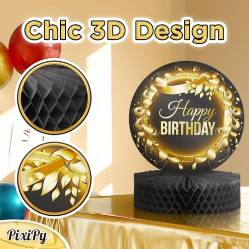 Happy Birthday Table Decoration Centerpieces - (4 Pack, Black & Rose Gold), Double-Sided Happy Birthday Centerpieces for Tables - Party Supplies for Elegant Birthday Decorations by PixiPy - style: Black & Gold (Pack of 4)