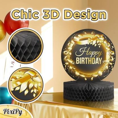 Happy Birthday Table Decoration Centerpieces - (4 Pack, Black & Rose Gold), Double-Sided Happy Birthday Centerpieces for Tables - Party Supplies for Elegant Birthday Decorations by PixiPy - style: Black & Gold (Pack of 4)