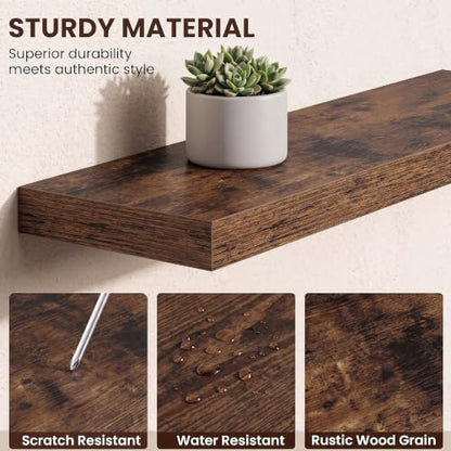 Dreamland 24Inch Floating Shelves for Wall 6.7" Deep Rustic Brown Set of 2 - color: Rustic Brown, size: 6.7"D x 24"L