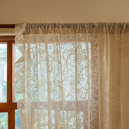 TUDECO Beige Lace Sheer Curtains 72 Inches Long, Ruffle Edges, 2 Panels - color: Beige, size: 59"W x 72"L (Pack of 2)