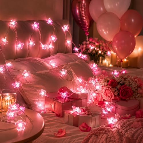 33ft 100 LED Plug in Fairy Lights, Pink Christmas Flower String Lights - color: 100 LED Pink