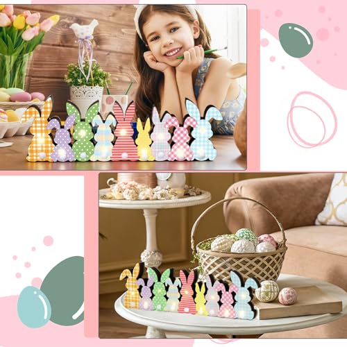Yousoontic Easter Decorations, Bunny Easter Decor for Table with LED Lights Wood Bunny Table Centerpieces with Plush Tail 3D Block Rabbit Sign Farmhouse Decor for Spring Home Mantel Desk Office Party - style: Bunny