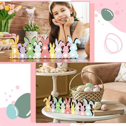 Yousoontic Easter Decorations, Bunny Easter Decor for Table with LED Lights Wood Bunny Table Centerpieces with Plush Tail 3D Block Rabbit Sign Farmhouse Decor for Spring Home Mantel Desk Office Party - style: Bunny