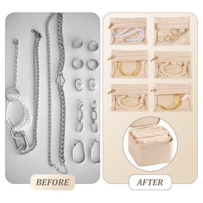 Travel Jewelry Case with 6 Velvet Zipped Pouches Bags, Beige - color: Beige - 6 Pouch