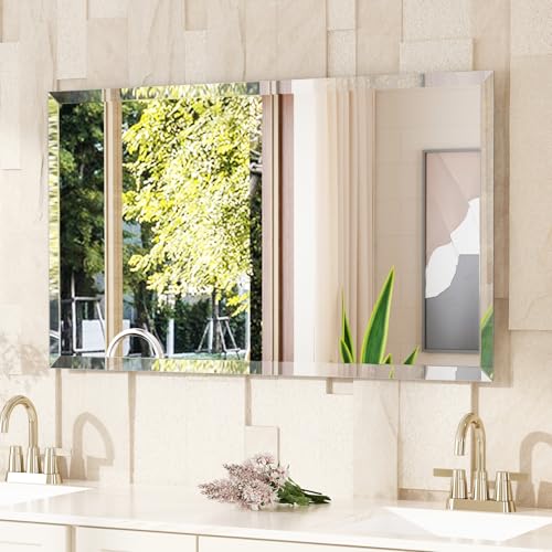VocalStar Frameless Bathroom Mirror, 48" x 28" Rectangle Wall Mirror with Beveled Edge, Modern Decorative Vanity Mirrored for Living Room, Entryway, Bedroom | 1/4-Inch Shatterproof Glass - size: 48"L x 28"W