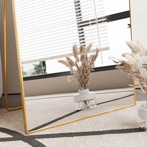 64"x21" Full Length Mirror with Stand, Gold Metal Frame Floor Mirror, Hanging, Standing or Leaning Against Wall, Tempered Full Body Mirrors for Room Decor, Living Room, Bedroom - color: Rectangular-gold, size: 64"L x 21"W