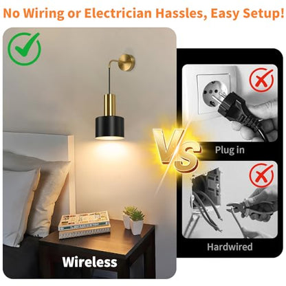 VerRon Rechargeable Wireless Battery Operated Wall Sconces Set of Two - color: Black & Gold with White, size: Rechargeable Battery Powered