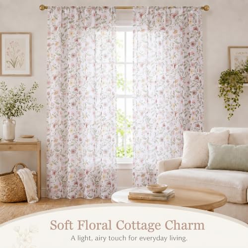 OWENIE Dusty Pink Watercolor Floral Printed Sheer Curtains 84 Inches Long - size: 40"W x 84"L (Pack of 2)