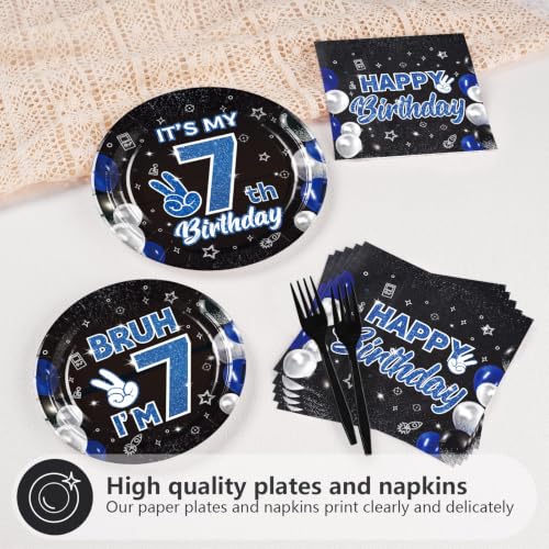 96 Pcs Bruh 7th Birthday Party Decorations for Boys, Serves 24 - style: Black Blue Bruh 7th Plates