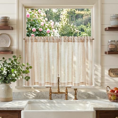 jinchan Linen Striped Tier Curtains for Kitchen Windows Farmhouse - color: Striped Tan | on Beige, size: 26"W x 24"L (Pack of 2)