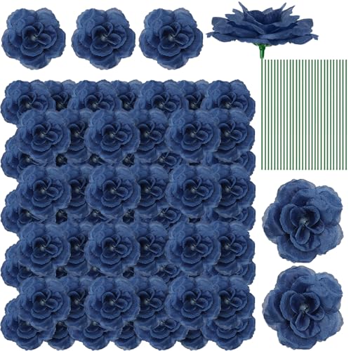 Yunlly 100 Pcs Blue Fake Silk Rose Flowers with Stems for Wedding - color: Navy Blue