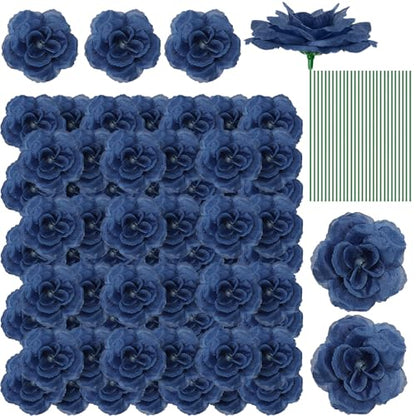 Yunlly 100 Pcs Blue Fake Silk Rose Flowers with Stems for Wedding - color: Navy Blue