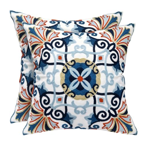 Alysheer Boho Embroidered Throw Pillow Cover 18x18 Set of 2, Orange Floral - color: Floral- Navy Orange, size: 18" x 18" (Pack of 2)