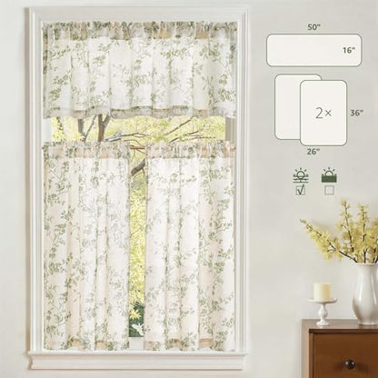 jinchan Green Linen Floral Kitchen Tier Curtains and Valance Set 3 Pieces - color: Alisa | Green on Linen, size: 26"W x 36"L (Pack of 3)