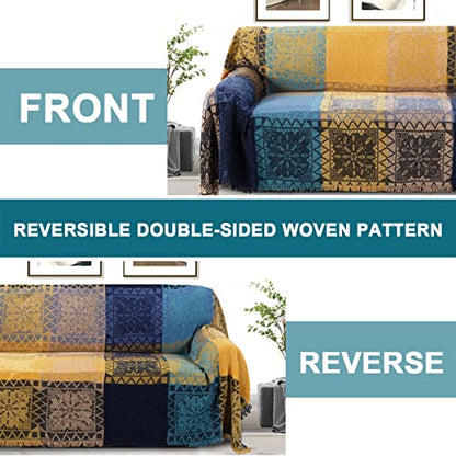 Turquoize Boho Couch Cover Bohemian Cotton Sofa Cover Sofa Throw Cover for Couches Sofa Slipcover Sectional Sofa Couch Covers Feature Hippie Chenille Jacquard Fabric(91"x 134",XX-Large,Yellow Navy) - color: Yellow/Navy, size: XX-Large: 91"x 134"