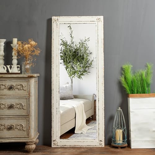 Rustic Full Length Mirror with Stand 60" x 24", Distressed White - color: White