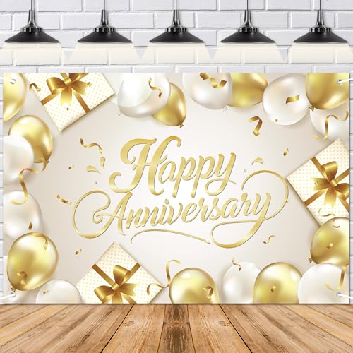 Happy Anniversary Backdrop Banner White Gold Elegant Photography Background for Wedding Couples Party Decor 72x43 Inch