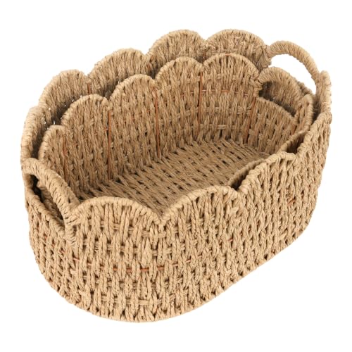 iEGrow Paper Rope Scalloped Basket, Set of 2 Woven Storage Wicker Baskets with Handle for Organizing and Shelves, Cute Boho Oval Baby Baskets for Decor, Towel, Toys, Nursery, Book, Gift Natural - color: Natural, size: Oval