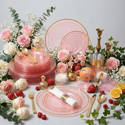 WELLIFE 210Pcs Clear-Pink Plastic Dinnerware- Pink and Gold Plastic Dinnerware include 30 Dinner Plates, 30 Dessert Plates, 90 Gold Silverware, 30 Cups and 30 Napkins Perfect for Parties - color: Clear Pink and Gold, style: 210PCS（30 Guests）