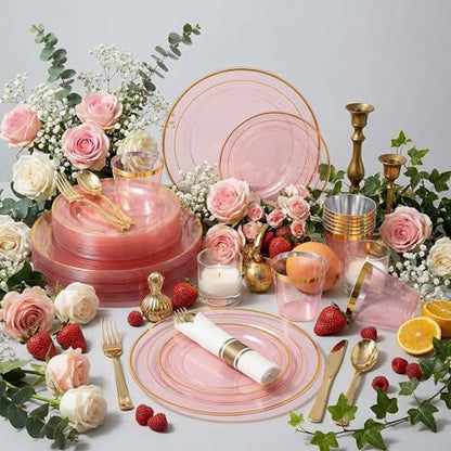 WELLIFE 210Pcs Clear-Pink Plastic Dinnerware- Pink and Gold Plastic Dinnerware include 30 Dinner Plates, 30 Dessert Plates, 90 Gold Silverware, 30 Cups and 30 Napkins Perfect for Parties - color: Clear Pink and Gold, style: 210PCS（30 Guests）