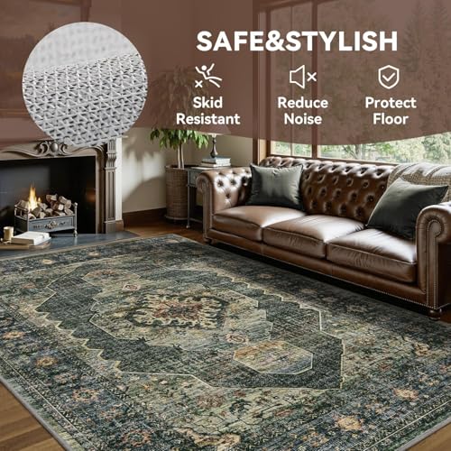 Olive Green Area Rug 6x9 Bedroom Rug Living Room Rugs Washable Soft Vintage Neutral Farmhouse Dining Room Rug Office Carpet Water Repellent Easy Care Non Slip - color: Dark Green/Olive, size: 6' X 9' (Rectangular)