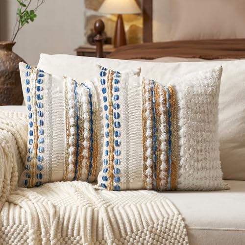 Aeckself Boho Chenille Tufted Throw Pillow Covers 18x18 Inch Set of 2, Farmhouse Decorative Striped Square Pillow Covers Accent Neutral Pillowcase for Living Room Couch Bed, Caramel Brown - color: Caramel Brown