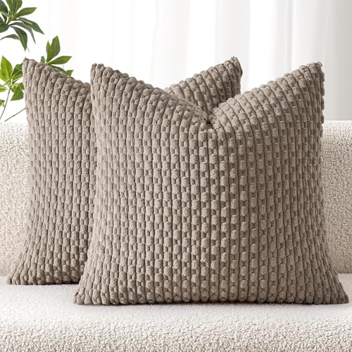 MIULEE Decorative Throw Pillow Covers 16x16 Neutral Brown Textured Corduroy - color: Brown, size: 16" x 16" (Pack of 2)