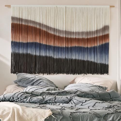 Macrame Wall Hanging Tie-Dye Bule Boho Wall Decor Yarn Fiber Art 57"W*35"L - color: Brown and Blue