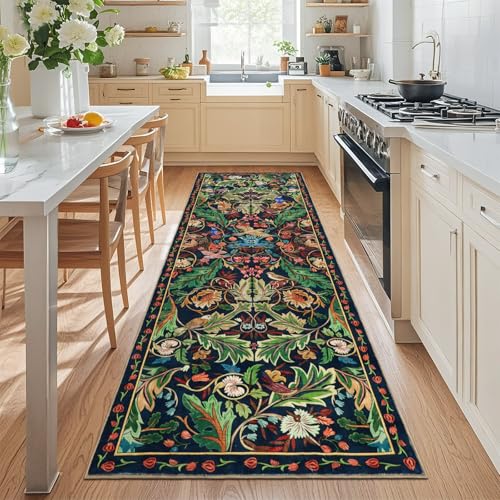 nesrt 2.6'x 8' Bird Runners for Hallway Kitchen Rug Non Slip, Long Washable Boho Jungle Runner Rugs, Soft Floral Botanical Carpet Runner for Hall, Laundry, Bedroom, Bathroom (Dark Green) - color: Dark Green, size: 2'7" x 8' (Rectangular)
