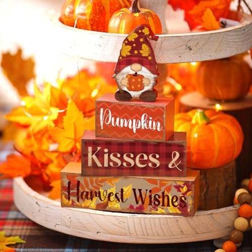 4 Pcs Fall Decor for Home Gnomes Pumpkin Wooden Signs with Harvest Wishes - style: Gnome