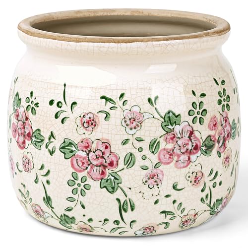 Flower Pots Planters for Indoor Plants Ceramic Plant Pots with Drainage 6.1 Inch Vintage Ceramic Pots for Plants Outdoor Home Garden Decor, Rustic Pink Camellia - color: Rustic Pink Camellia