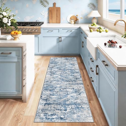 Modern Hallway Runner Rug 2x6, Textured Non Slip Carpet Runner, Ocean Blue - color: Abstract- Ocean Blue, size: 2' x 6' (Runner)